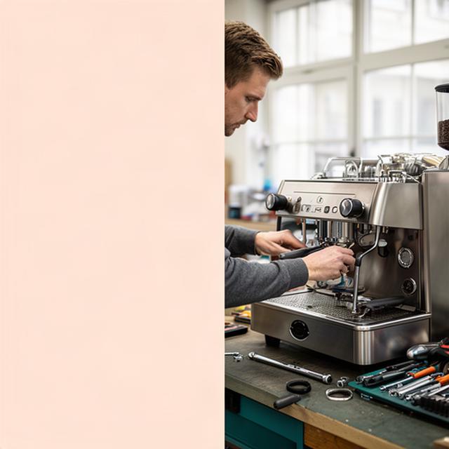 Techniker prüft eine professionelle Kaffeemaschine auf einer Werkbank in einer hellen Werkstatt