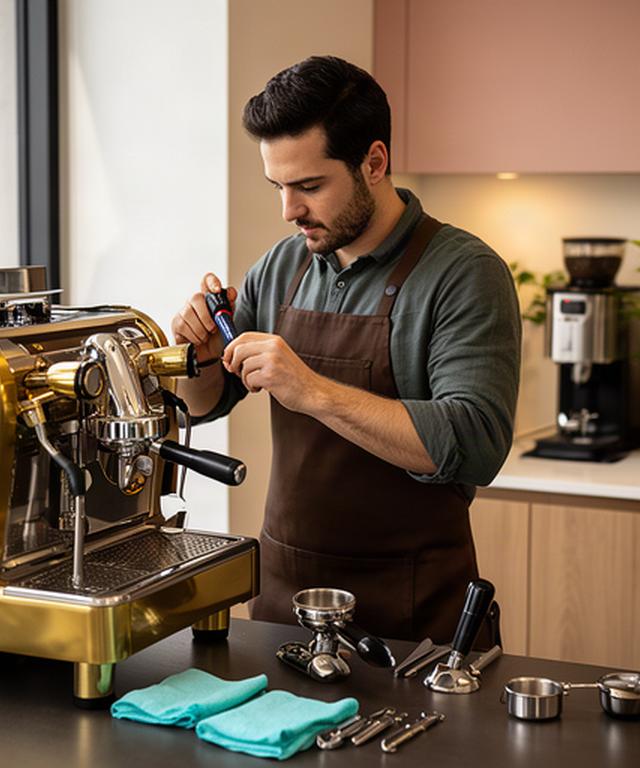 Techniker wartet eine Siebträgermaschine in einem modernen Büro mit Kaffeebereich