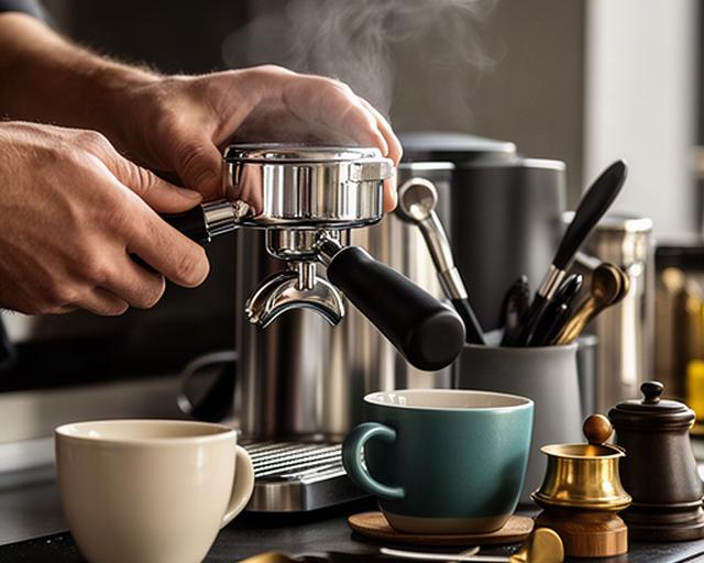 Hände prüfen eine Siebträgermaschine neben Kaffeetassen und Zubehör