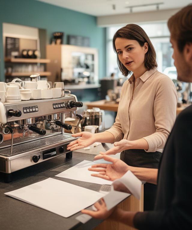Beratung zu einer Espressomaschine mit Vertragsunterlagen in einem Fachgeschäft