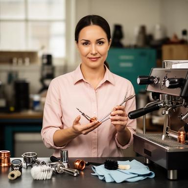 Amélie Malacari mit Kaffeewerkzeug an einer Servicetheke